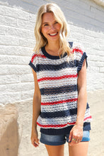 Load image into Gallery viewer, Feeling Festive Red White & Blue Striped Crochet Sweater Top