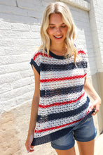 Load image into Gallery viewer, Feeling Festive Red White & Blue Striped Crochet Sweater Top