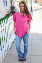 Load image into Gallery viewer, Perfectly You Silk Shirred Cap Short Sleeve Blouse in Fuchsia