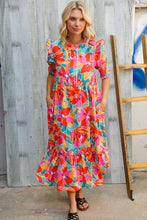 Load image into Gallery viewer, Dazzle In Orange & Aqua Floral Smocked Notched Neck Midi Dress