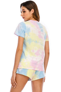 Tie-Dye Round Neck Short Sleeve Top and Shorts Lounge Set  (multiple color options)