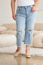 Load image into Gallery viewer, RFM "Chloe" Tummy Control High Waist Cropped Wide Leg Raw Hem Jeans Light Wash