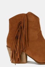 Load image into Gallery viewer, Suede Fringe Point Toe Ankle Boots in Caramel