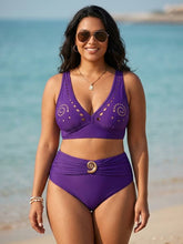 Load image into Gallery viewer, Golden Spiral High-Waisted Ruched Swim Set with Cutout Detail (multiple color options)