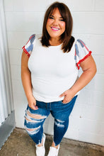 Load image into Gallery viewer, Patriotic Pom Pom Lace Flutter Sleeve Top