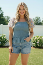 Load image into Gallery viewer, Smocked Peplum Top with Floral Puff Sleeves