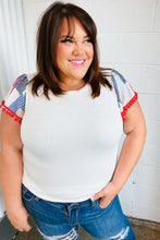 Load image into Gallery viewer, Patriotic Pom Pom Lace Flutter Sleeve Top