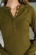 Load image into Gallery viewer, Effortless Edge Knit Henley Top in Camo Green