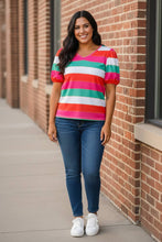 Load image into Gallery viewer, Spectrum Splendor Striped Puff Sleeves Top