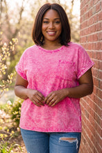 Load image into Gallery viewer, Vintage Muse Acid Wash Round Neck Folded Short Sleeve Tee in Hot Pink