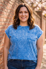 Load image into Gallery viewer, Vintage Muse Acid Wash Round Neck Folded Short Sleeve Tee in Ocean Blue