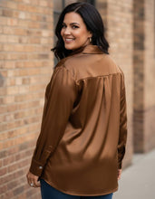 Load image into Gallery viewer, Smooth Moves Satin Button Down Long Sleeve Shirt in Deep Camel