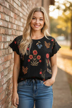 Load image into Gallery viewer, Bohemian Bloom Embroidered Scallop Sleeve Top with Drawstring Hem