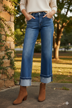 Load image into Gallery viewer, RISEN Mid Rise Ankle Straight Jeans with Cuffed Hem