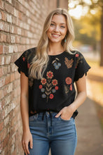 Load image into Gallery viewer, Bohemian Bloom Embroidered Scallop Sleeve Top with Drawstring Hem