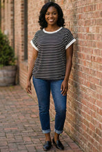 Load image into Gallery viewer, Sailor’s Solace Contrast Cap-Sleeve Stripe Tee in Black
