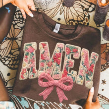 Load image into Gallery viewer, Amen in Stitches in Chocolate Graphic Sweatshirt