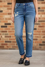 Load image into Gallery viewer, JUDY BLUE Mid Rise Boyfriend Patch & Repair Destroy Release Hem Jeans