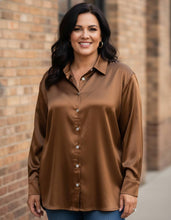 Load image into Gallery viewer, Smooth Moves Satin Button Down Long Sleeve Shirt in Deep Camel