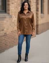 Load image into Gallery viewer, Smooth Moves Satin Button Down Long Sleeve Shirt in Deep Camel