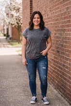 Load image into Gallery viewer, Vintage Muse Acid Wash Round Neck Folded Short Sleeve Tee in Ash Black