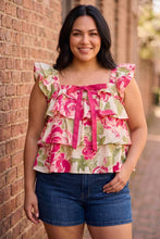 Load image into Gallery viewer, Bloom & Bow Floral Print Woven Bow Tie Ruffle Square Neck Top