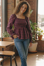 Load image into Gallery viewer, Sweetheart Smocked Cranberry Plaid Top