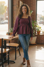 Load image into Gallery viewer, Sweetheart Smocked Cranberry Plaid Top