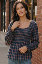 Load image into Gallery viewer, Sweetheart Smocked Navy Plaid Top