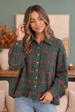 Load image into Gallery viewer, Ruffle the Rules Plaid Flannel Top in Green