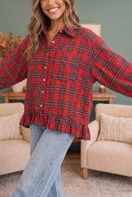 Load image into Gallery viewer, Ruffle the Rules Plaid Flannel Top in Red