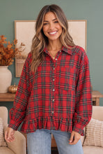 Load image into Gallery viewer, Ruffle the Rules Plaid Flannel Top in Red