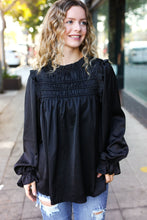 Load image into Gallery viewer, Be Your Best Satin Shirred Yoke Frilled Mock Neck Top in Black
