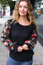 Load image into Gallery viewer, Diva Dreams Black Floral Sequin Mesh Sleeve Rib Knit Top