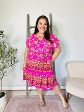 Load image into Gallery viewer, Boho Love Fuchsia Floral Print V Neck Dolman Sleeve Dress