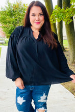 Load image into Gallery viewer, Boho Vibes Notched Neck Smocked Bubble Sleeve Top in Black