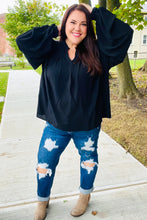 Load image into Gallery viewer, Boho Vibes Notched Neck Smocked Bubble Sleeve Top in Black