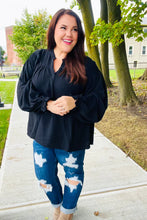 Load image into Gallery viewer, Boho Vibes Notched Neck Smocked Bubble Sleeve Top in Black