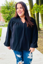 Load image into Gallery viewer, Boho Vibes Notched Neck Smocked Bubble Sleeve Top in Black