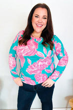 Load image into Gallery viewer, Find Love Aqua/Pink Fitted Floral Print Buttery Soft Knit Top