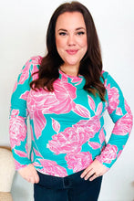 Load image into Gallery viewer, Find Love Aqua/Pink Fitted Floral Print Buttery Soft Knit Top