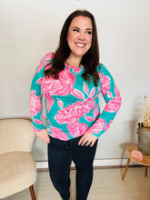 Load image into Gallery viewer, Find Love Aqua/Pink Fitted Floral Print Buttery Soft Knit Top