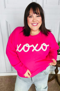 "XOXO" Embroidered Pop Up Sweater in Fuchsia