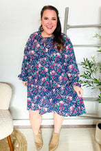 Load image into Gallery viewer, Feeling Joyful Bow Tie Babydoll Long Ruffle Sleeve Dress in Navy Floral