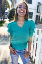 Load image into Gallery viewer, Be Bold Solid Shirred Puff Sleeve Sweater Top in Emerald