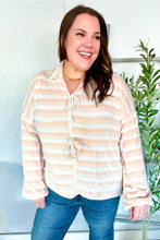 Load image into Gallery viewer, Embrace Joy Collar Stripe Bow Tie Terry Top in Beige & Ivory