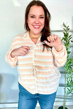 Load image into Gallery viewer, Embrace Joy Collar Stripe Bow Tie Terry Top in Beige & Ivory