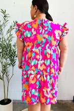 Load image into Gallery viewer, Look of Love Fuchsia Abstract Floral Print Smocked Ruffle Sleeve Dress