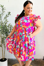 Load image into Gallery viewer, Look of Love Fuchsia Abstract Floral Print Smocked Ruffle Sleeve Dress