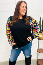 Load image into Gallery viewer, Diva Dreams Black Floral Sequin Mesh Sleeve Rib Knit Top